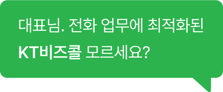 '대표님. 전화 업무에 최적화된 KT비즈콜 모르세요?' 텍스트 이미지